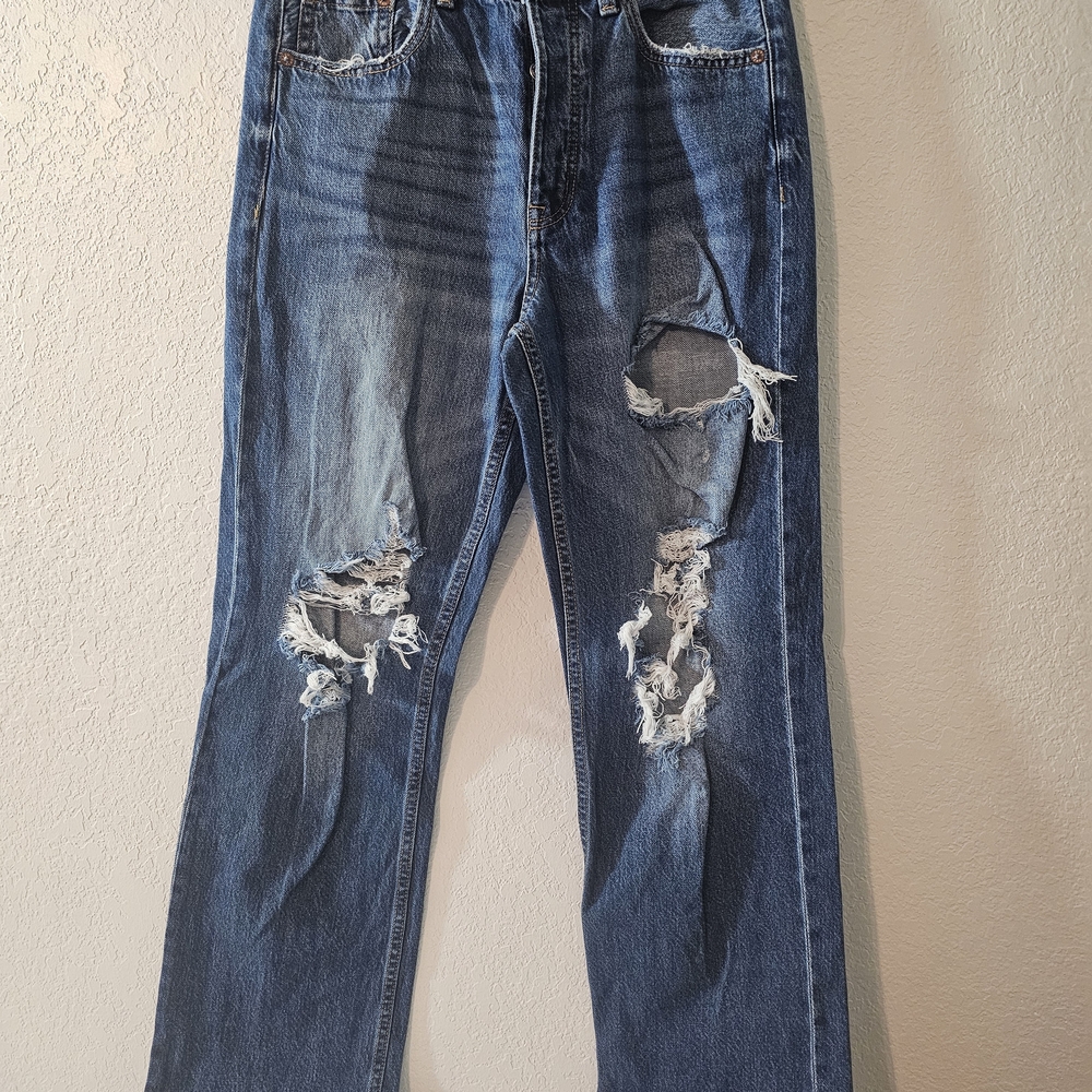 Aéropostale Distressed Straight High Rise Button Fly Blue Denim Women's Jeans